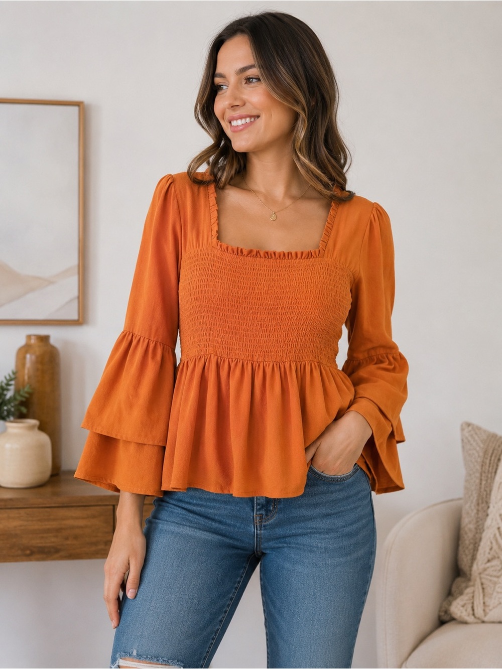 Pink Lily Rust Orange Smocked Peplum Top 100% Algodón